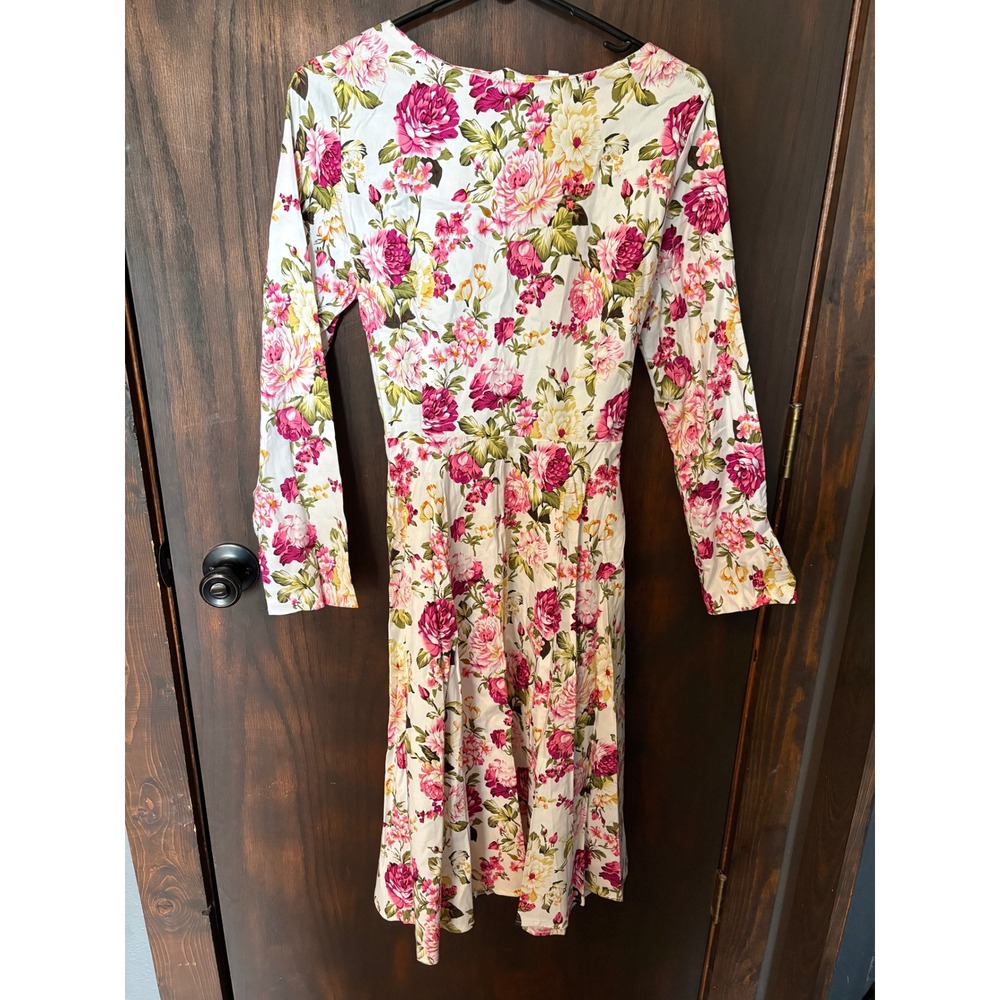 Sisjuly Floral Retro Midi Dress XL Pink White Long Sleeve Cotton Blend NWT